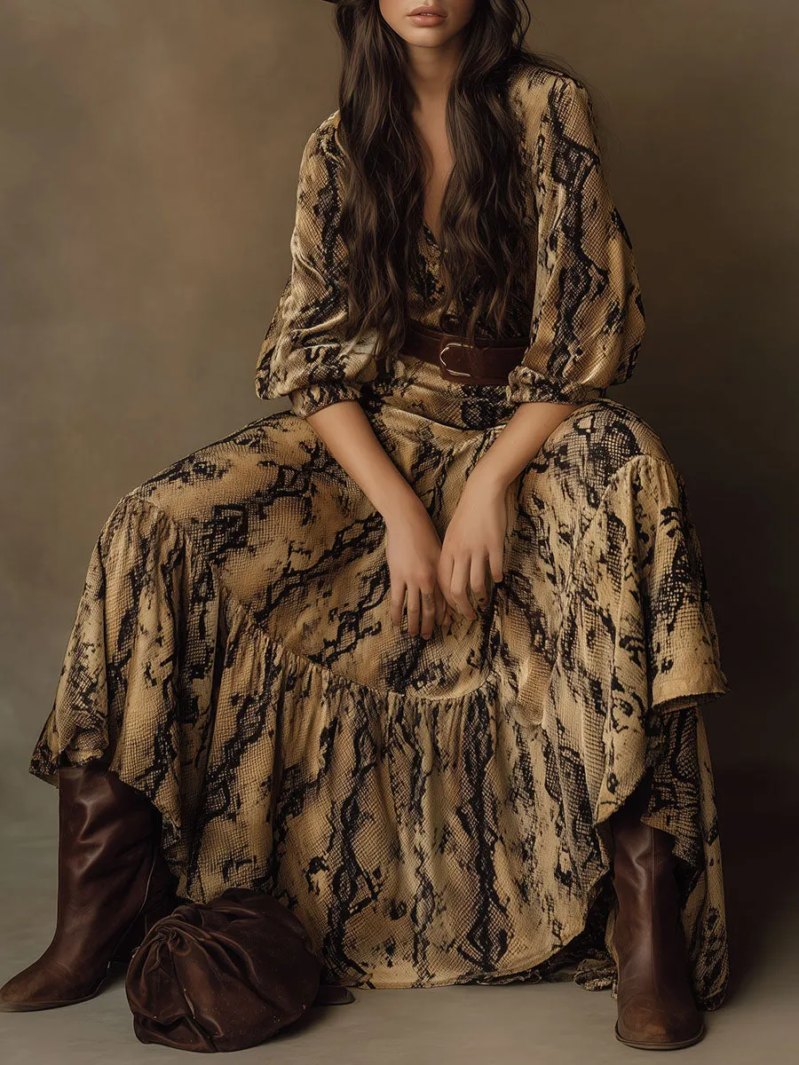 Vintage Western Snake Print Velvet V-Neck Maxi Dress sold by Oyrosy