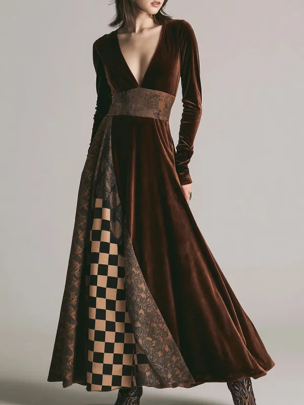 Retro Fashion V-Neck Velvet Print Maxi Dress sold by Oyrosy