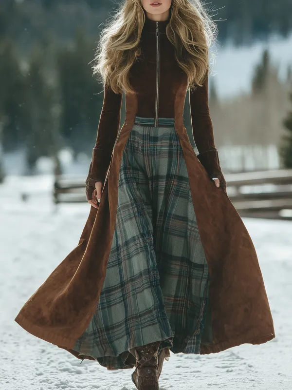 Retro And Fashionable Plaid Patchwork Front Zipper Brown Faux Suede Maxi Dress sold by Oyrosy