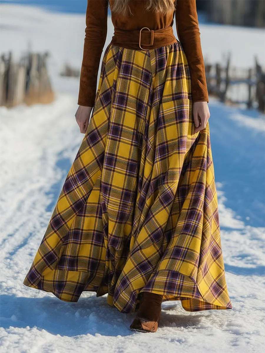 Retro And Fashionable Plaid Skirt Spliced with Brown Faux Suede Maxi Dress sold by Oyrosy product image thumbnail 4