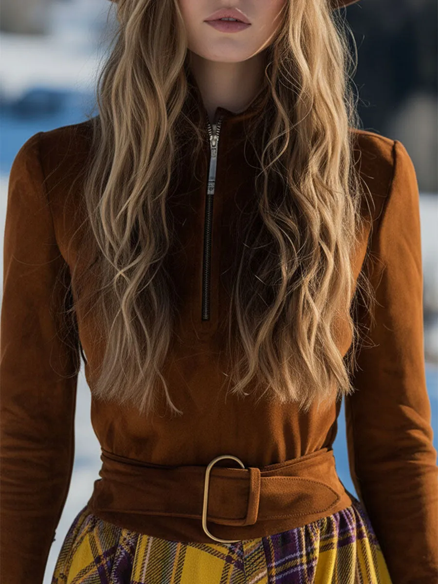 Retro And Fashionable Plaid Skirt Spliced with Brown Faux Suede Maxi Dress sold by Oyrosy product image thumbnail 3