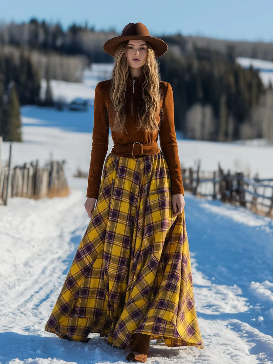 Retro And Fashionable Plaid Skirt Spliced with Brown Faux Suede Maxi Dress sold by Oyrosy product image thumbnail 2