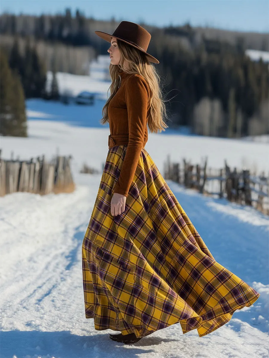 Retro And Fashionable Plaid Skirt Spliced with Brown Faux Suede Maxi Dress sold by Oyrosy product image thumbnail 5