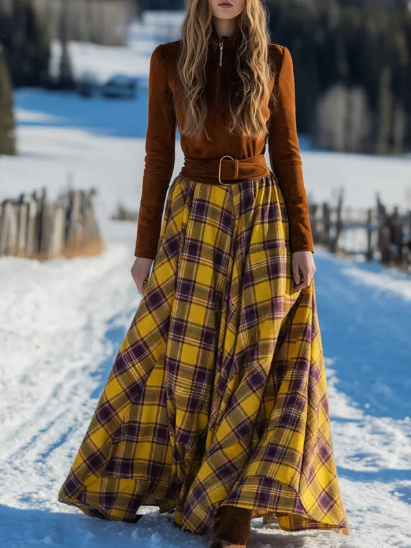 Retro And Fashionable Plaid Skirt Spliced with Brown Faux Suede Maxi Dress sold by Oyrosy