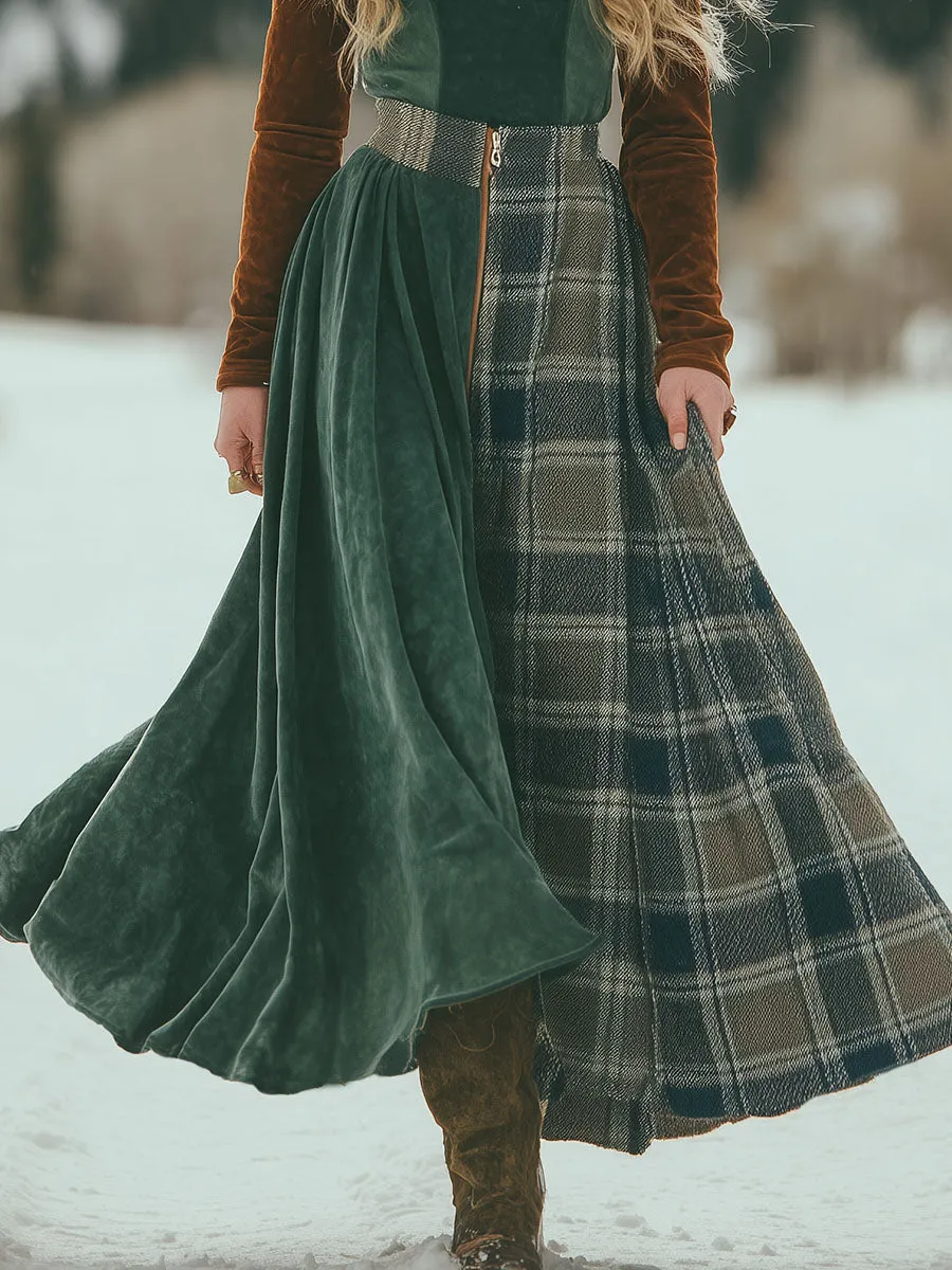 Retro And Fashionable Contrasting Color Faux Suede Top And Plaid Patchwork Skirt Set sold by Oyrosy product image thumbnail 4