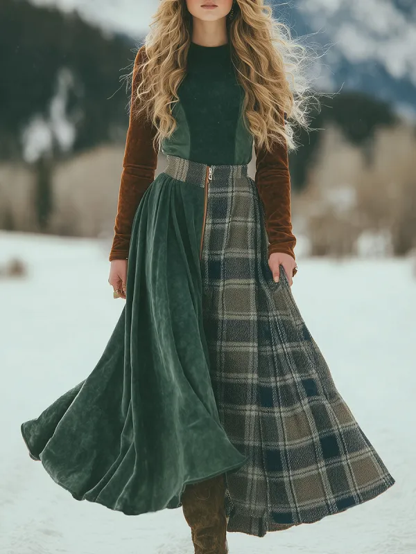 Retro And Fashionable Contrasting Color Faux Suede Top And Plaid Patchwork Skirt Set sold by Oyrosy