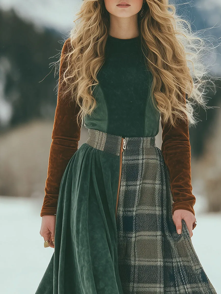 Retro And Fashionable Contrasting Color Faux Suede Top And Plaid Patchwork Skirt Set sold by Oyrosy product image thumbnail 3