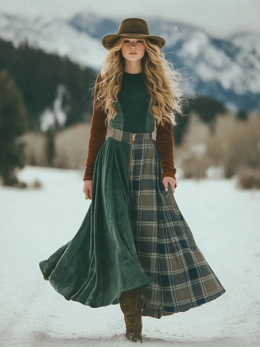 Retro And Fashionable Contrasting Color Faux Suede Top And Plaid Patchwork Skirt Set sold by Oyrosy product image thumbnail 2