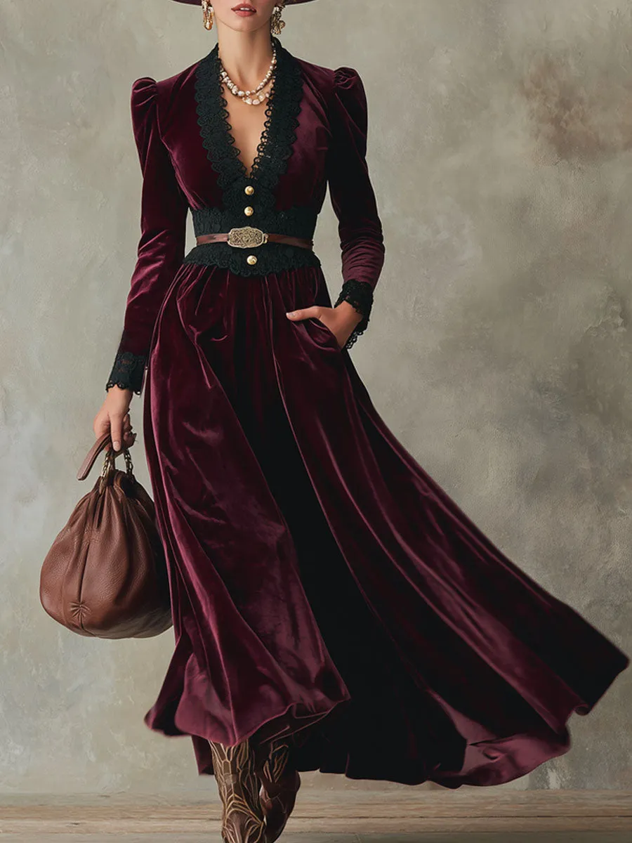 V-neck Lace-trimmed Velvet Maxi Dress sold by Oyrosy