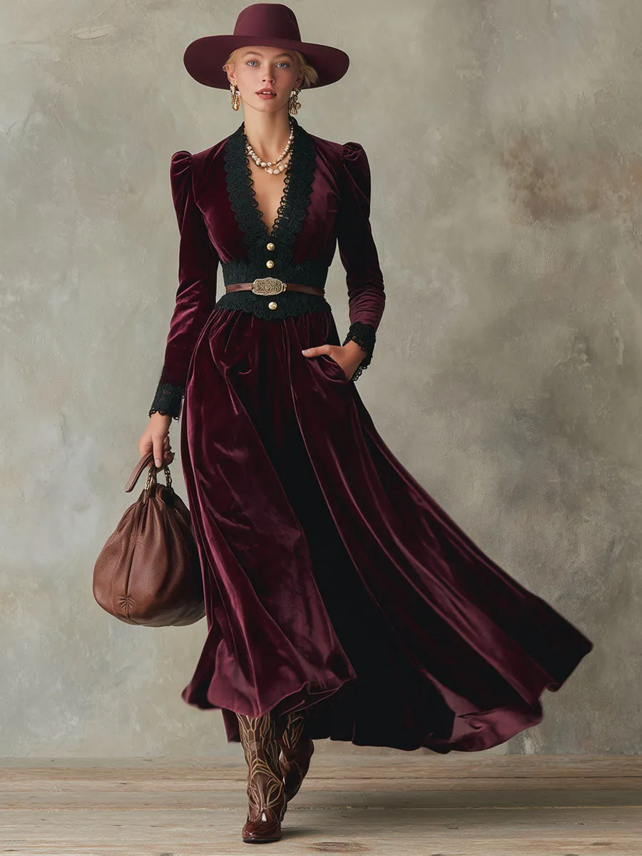 V-neck Lace-trimmed Velvet Maxi Dress sold by Oyrosy product image thumbnail 4