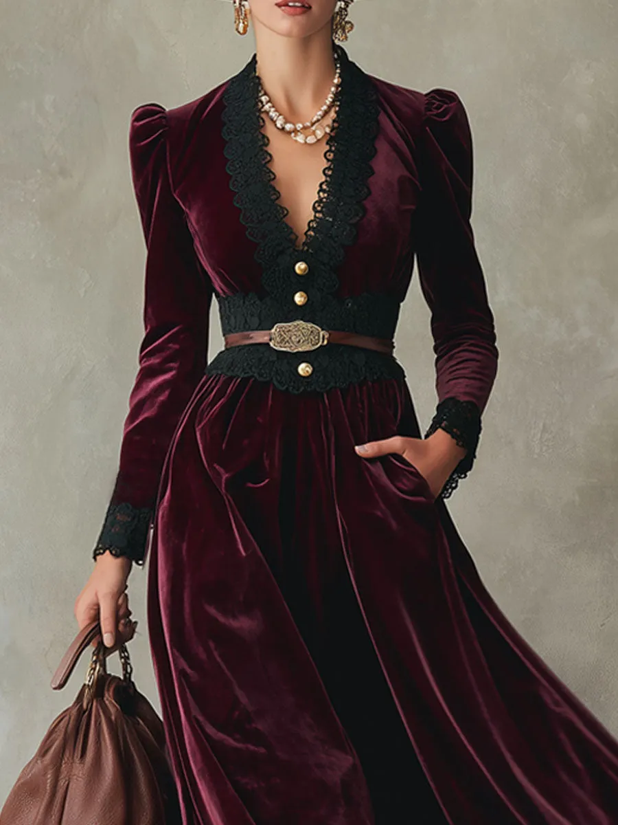 V-neck Lace-trimmed Velvet Maxi Dress sold by Oyrosy product image thumbnail 2