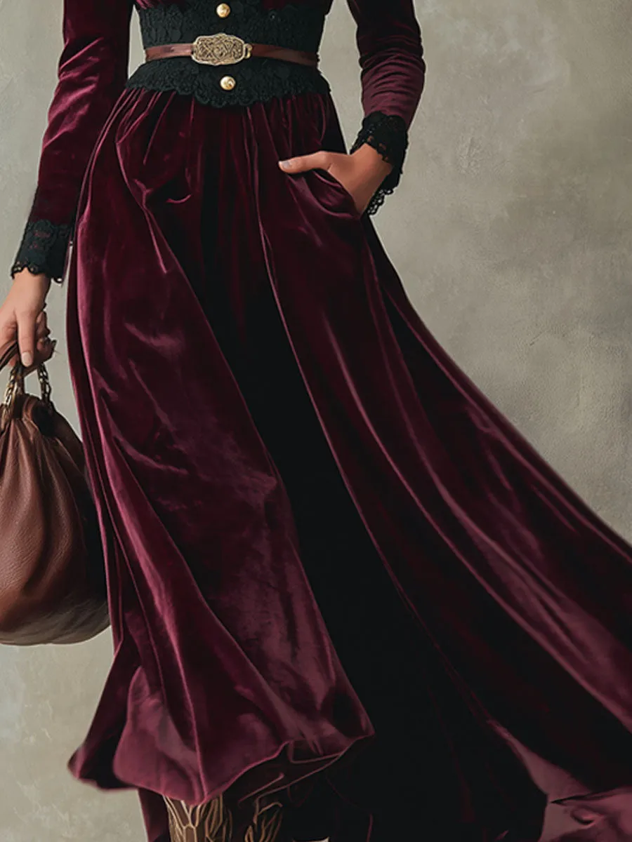 V-neck Lace-trimmed Velvet Maxi Dress sold by Oyrosy product image thumbnail 3