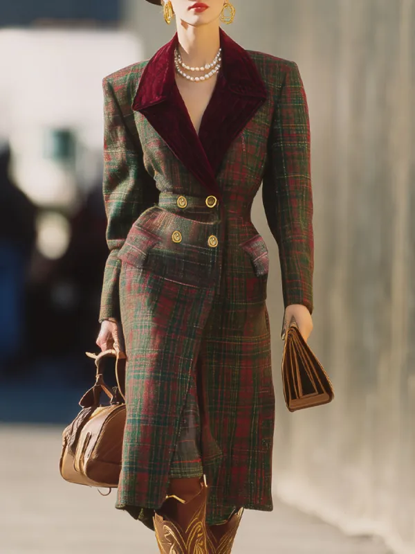 Lapel Double-breasted Double-pocket Plaid Wool Coat sold by Oyrosy