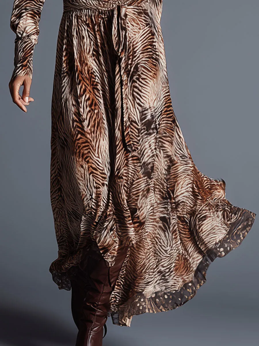 Western Retro Zebra Print Lace-Up Long-Sleeved Velvet Maxi Dress sold by Oyrosy product image thumbnail 4