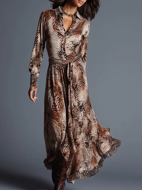 Western Retro Zebra Print Lace-Up Long-Sleeved Velvet Maxi Dress sold by Oyrosy