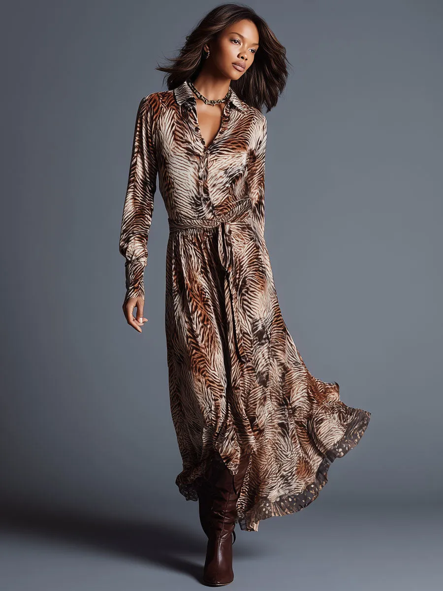 Western Retro Zebra Print Lace-Up Long-Sleeved Velvet Maxi Dress sold by Oyrosy product image thumbnail 2