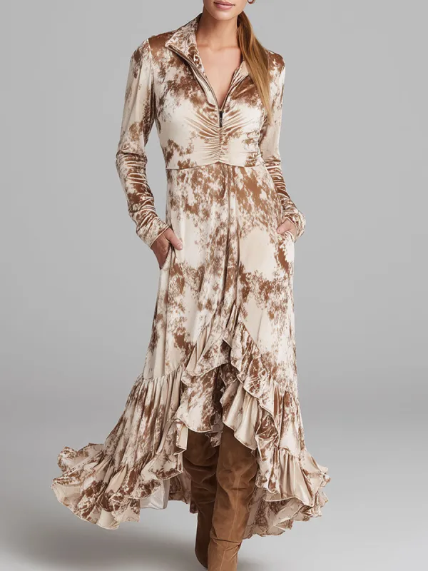 Western Retro Color Block Beige Velvet Ruffle Long Sleeve Maxi Dress sold by Oyrosy