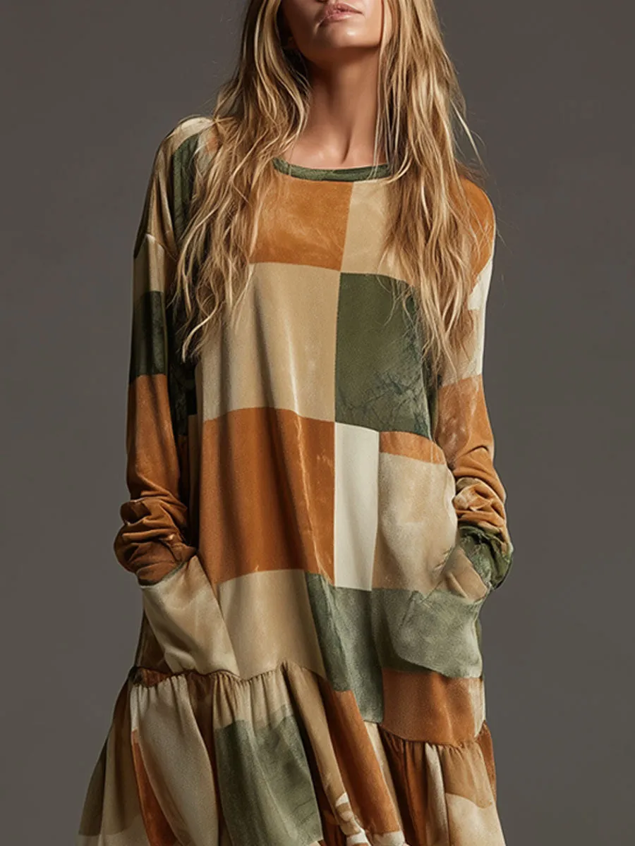 Loose Retro Multicolor Plaid Velvet Ruffle Long Sleeve Maxi Dress sold by Oyrosy product image thumbnail 3