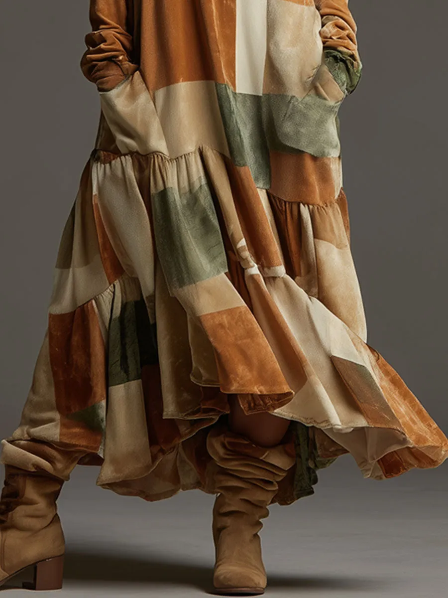 Loose Retro Multicolor Plaid Velvet Ruffle Long Sleeve Maxi Dress sold by Oyrosy product image thumbnail 4