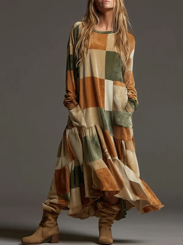 Loose Retro Multicolor Plaid Velvet Ruffle Long Sleeve Maxi Dress sold by Oyrosy