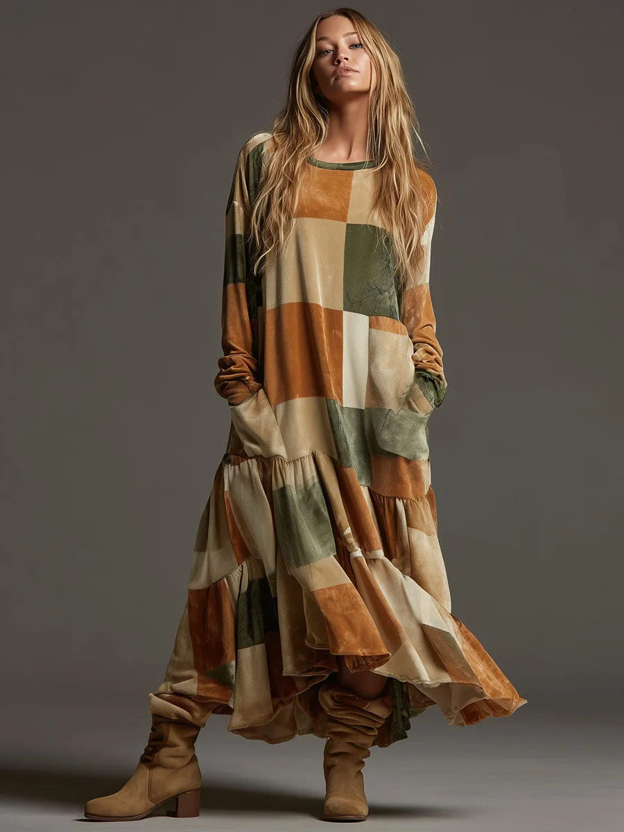 Loose Retro Multicolor Plaid Velvet Ruffle Long Sleeve Maxi Dress sold by Oyrosy product image thumbnail 2
