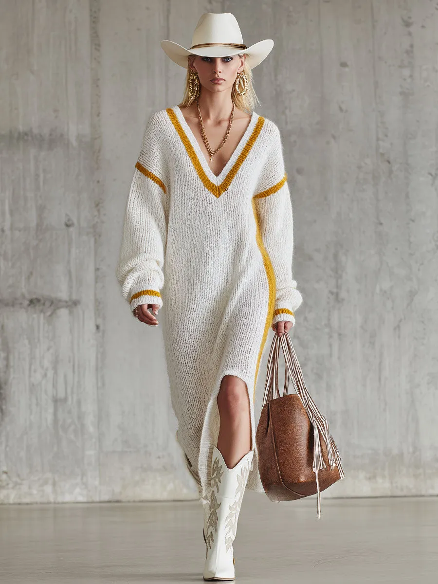 Loose V-neck Contrast Knitted Midi Dress sold by Oyrosy product image thumbnail 4