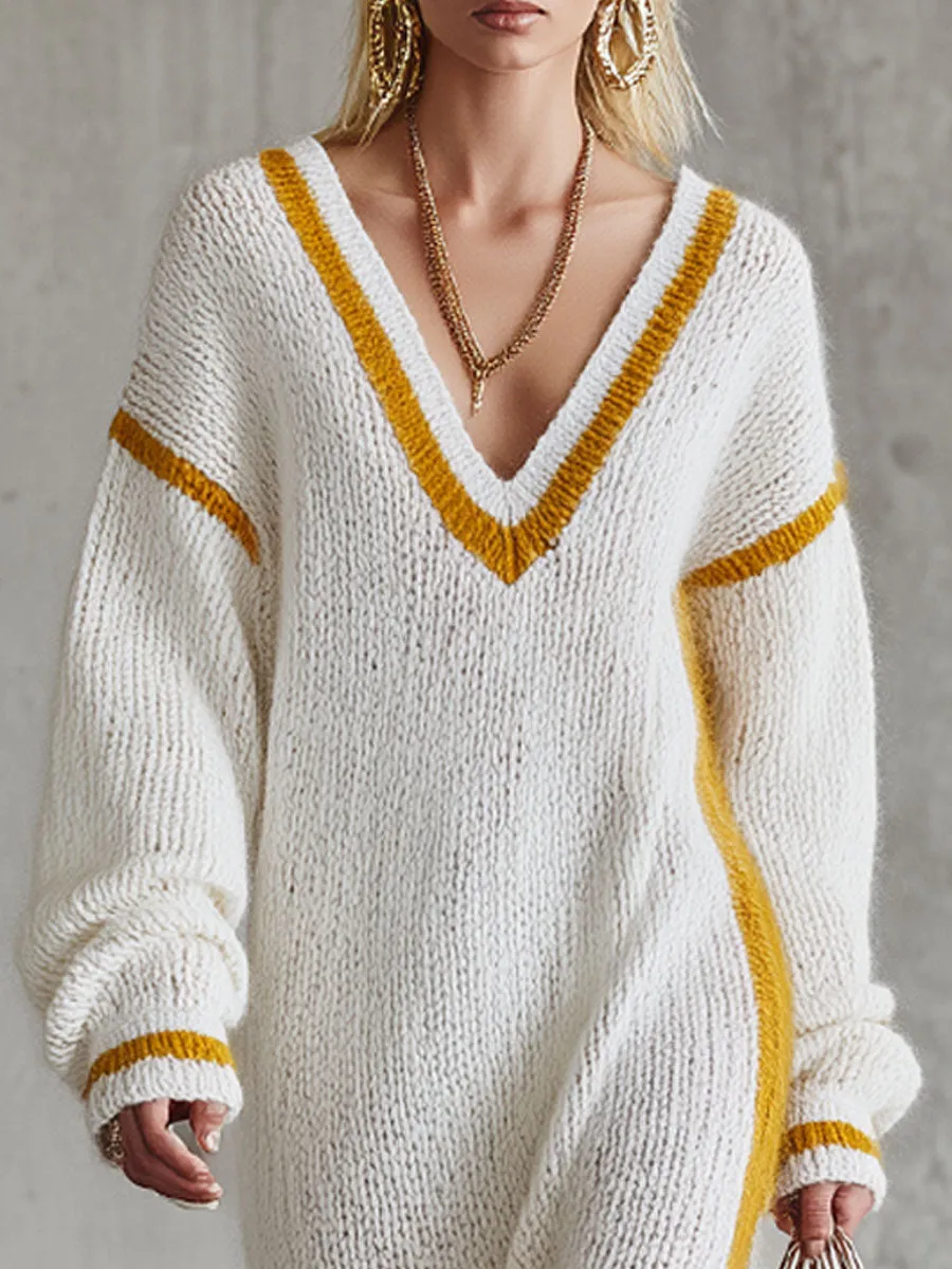 Loose V-neck Contrast Knitted Midi Dress sold by Oyrosy product image thumbnail 2