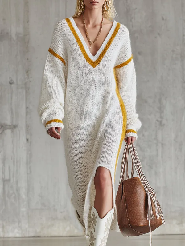 Loose V-neck Contrast Knitted Midi Dress sold by Oyrosy