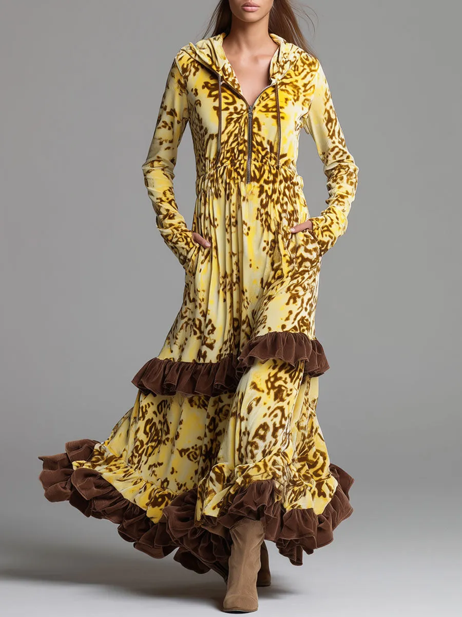 Fashion Retro Yellow Leopard Velvet Ruffle Hooded Long Sleeve Maxi Dress sold by Oyrosy