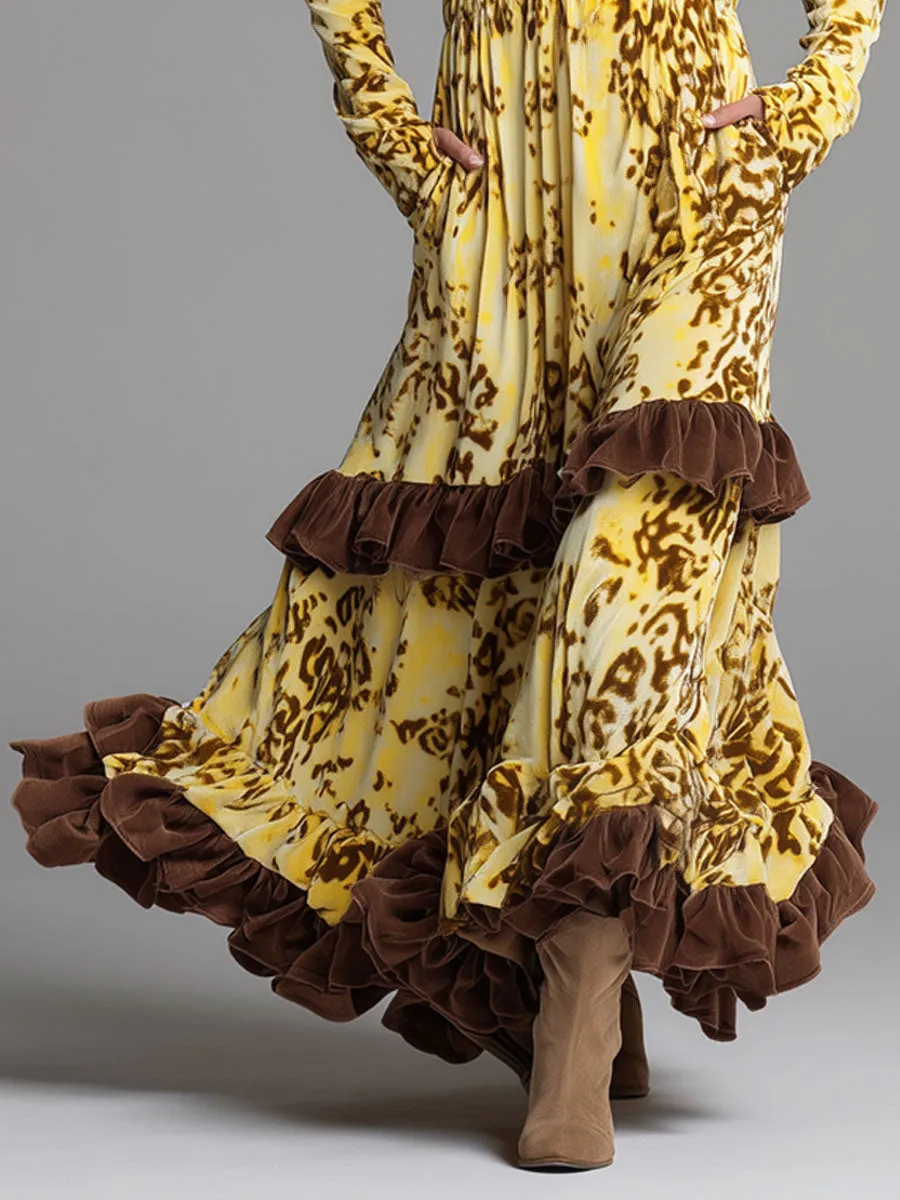 Fashion Retro Yellow Leopard Velvet Ruffle Hooded Long Sleeve Maxi Dress sold by Oyrosy product image thumbnail 2