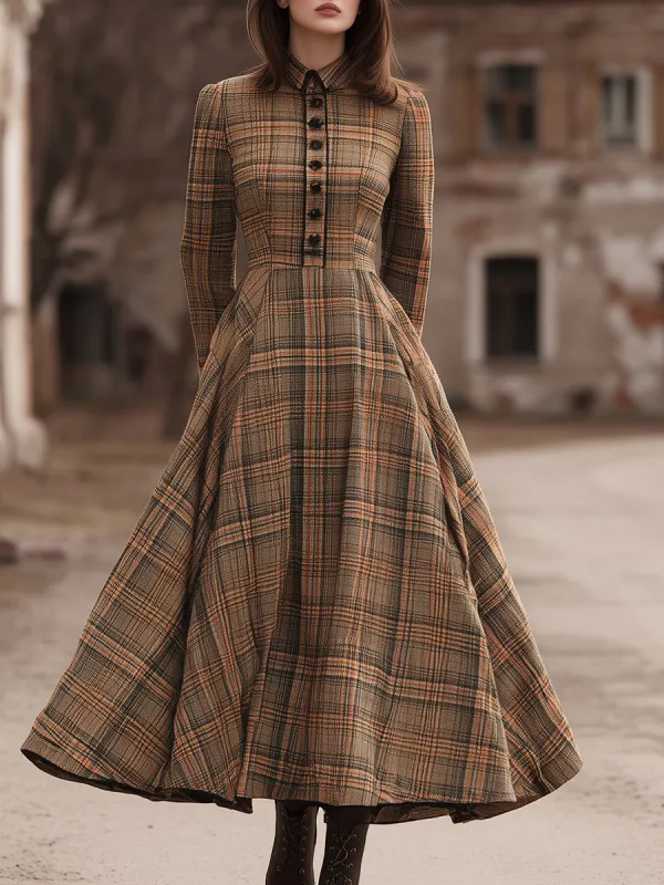 Western Plaid Button-down  With A Wide Hem Maxi Dress sold by Oyrosy