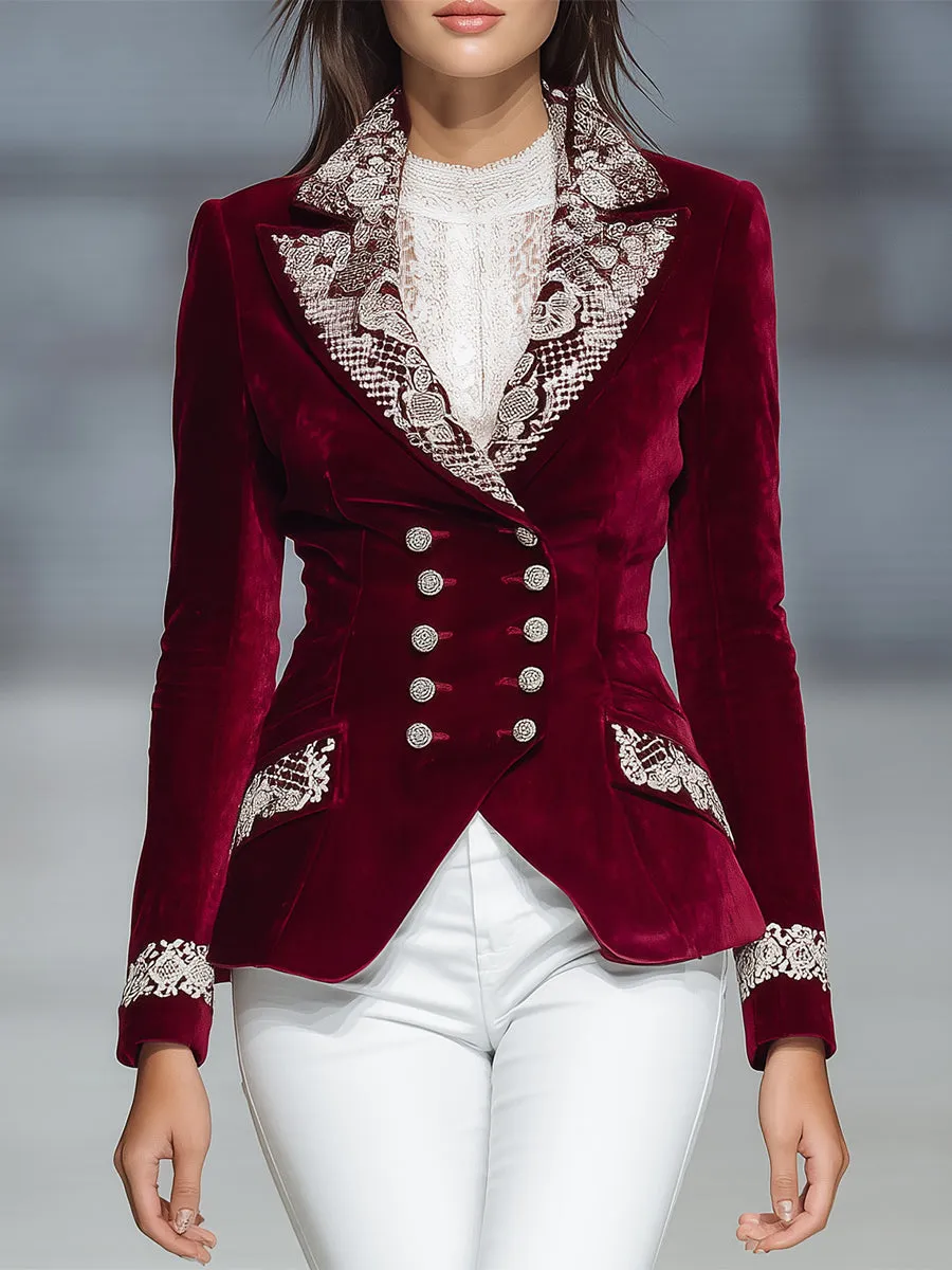 Stylish Red Velvet And White Lace Double-breasted Blazer sold by Oyrosy