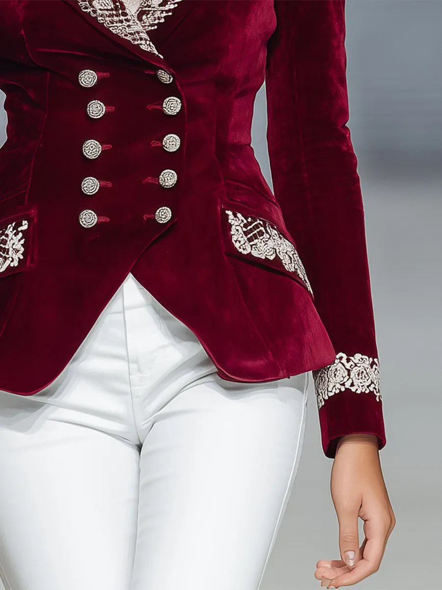 Stylish Red Velvet And White Lace Double-breasted Blazer sold by Oyrosy product image thumbnail 4