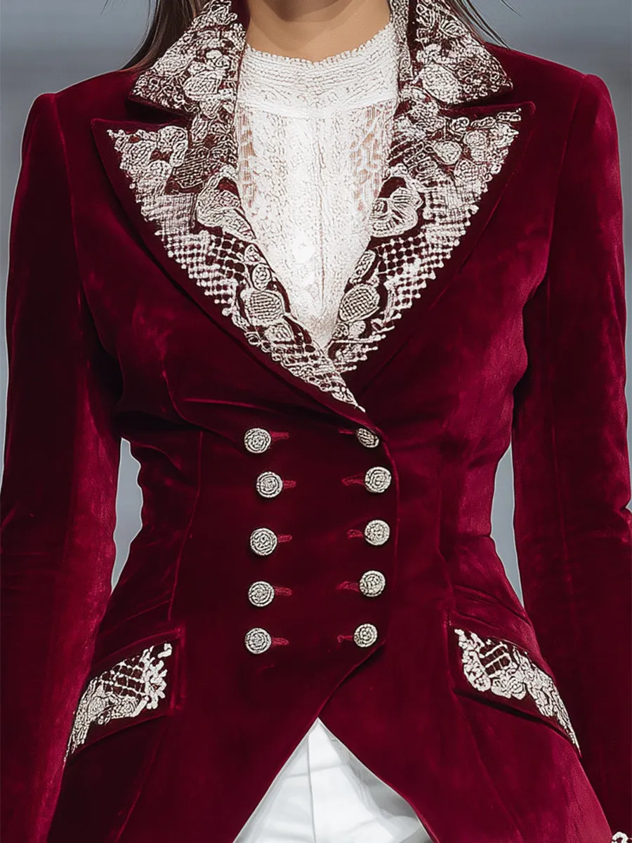 Stylish Red Velvet And White Lace Double-breasted Blazer sold by Oyrosy product image thumbnail 3