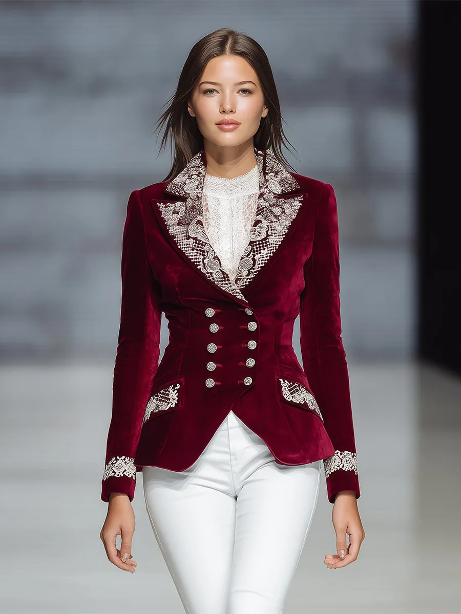 Stylish Red Velvet And White Lace Double-breasted Blazer sold by Oyrosy product image thumbnail 2