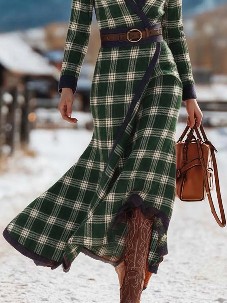 Vintage Western Hooded V-Neck Blue Trim Green Plaid Maxi Dress sold by Oyrosy product image thumbnail 3