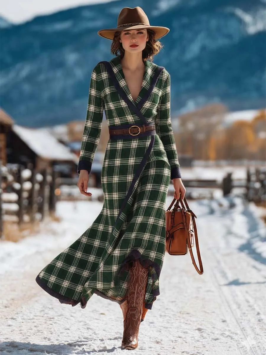 Vintage Western Hooded V-Neck Blue Trim Green Plaid Maxi Dress sold by Oyrosy product image thumbnail 2
