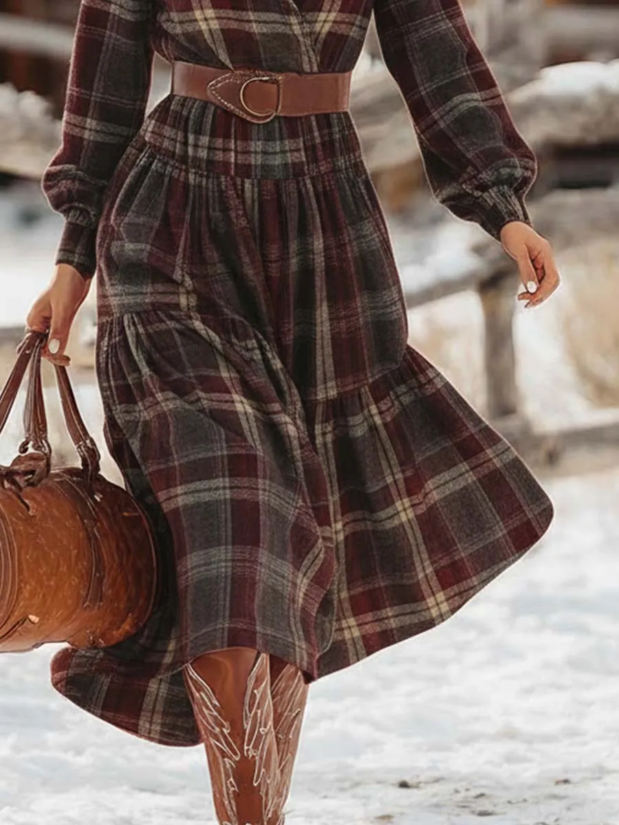 Western Vintage V-neck Bubble Hem Brown And Red Plaid Midi Dress sold by Oyrosy product image thumbnail 4