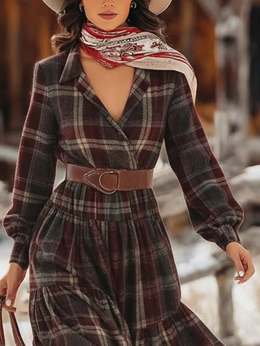 Western Vintage V-neck Bubble Hem Brown And Red Plaid Midi Dress sold by Oyrosy product image thumbnail 3