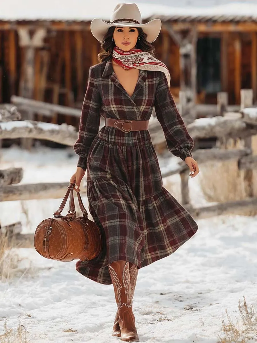 Western Vintage V-neck Bubble Hem Brown And Red Plaid Midi Dress sold by Oyrosy product image thumbnail 2