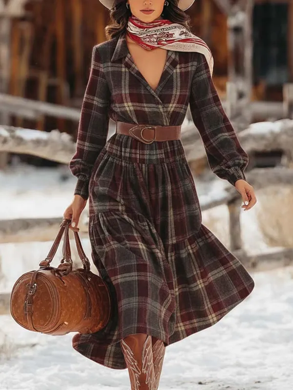 Western Vintage V-neck Bubble Hem Brown And Red Plaid Midi Dress sold by Oyrosy