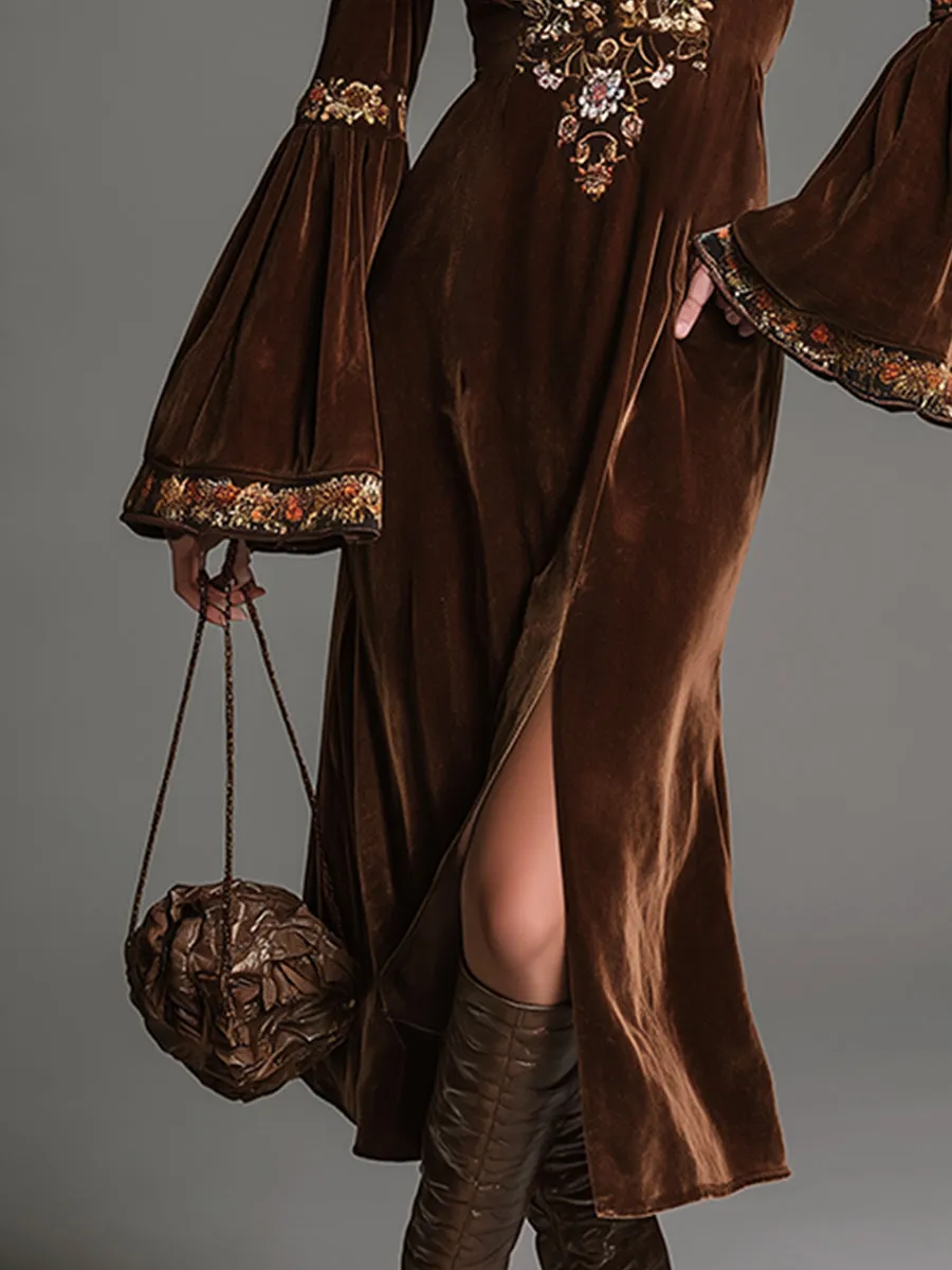 Vintage Luxury V-neck Embroidered Brown Velvet Maxi Dress sold by Oyrosy product image thumbnail 4