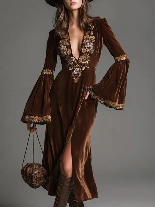 Vintage Luxury V-neck Embroidered Brown Velvet Maxi Dress sold by Oyrosy