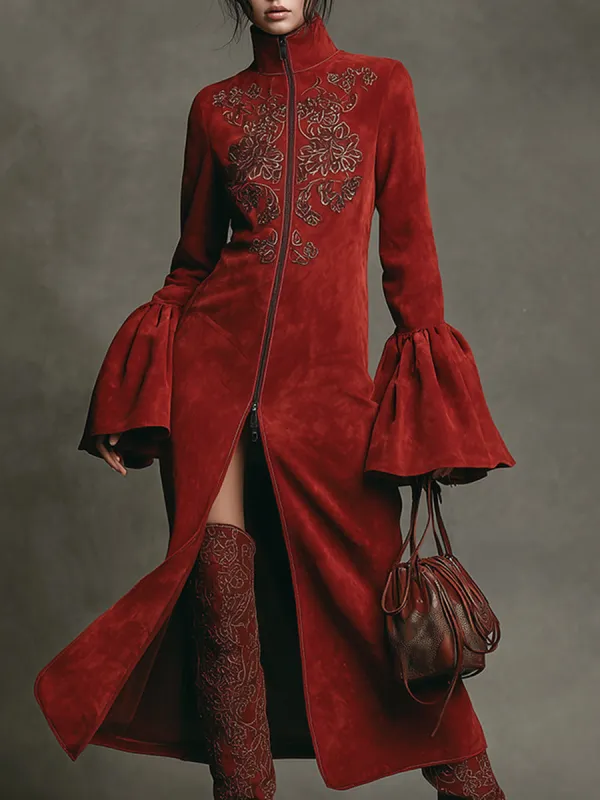 Elegant Retro Stand Collar Front Zipper Red Faux Suede Embroidered Trumpet Sleeve Maxi Dress sold by Oyrosy