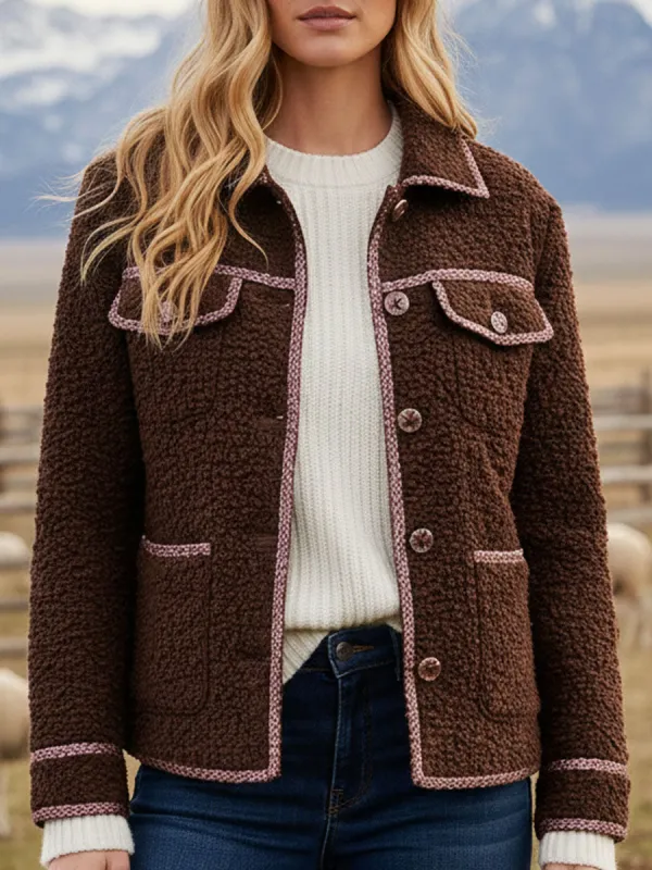 Casual Retro Pink Web Cocoa Brown Polar Fleece Jacket Coat sold by Oyrosy