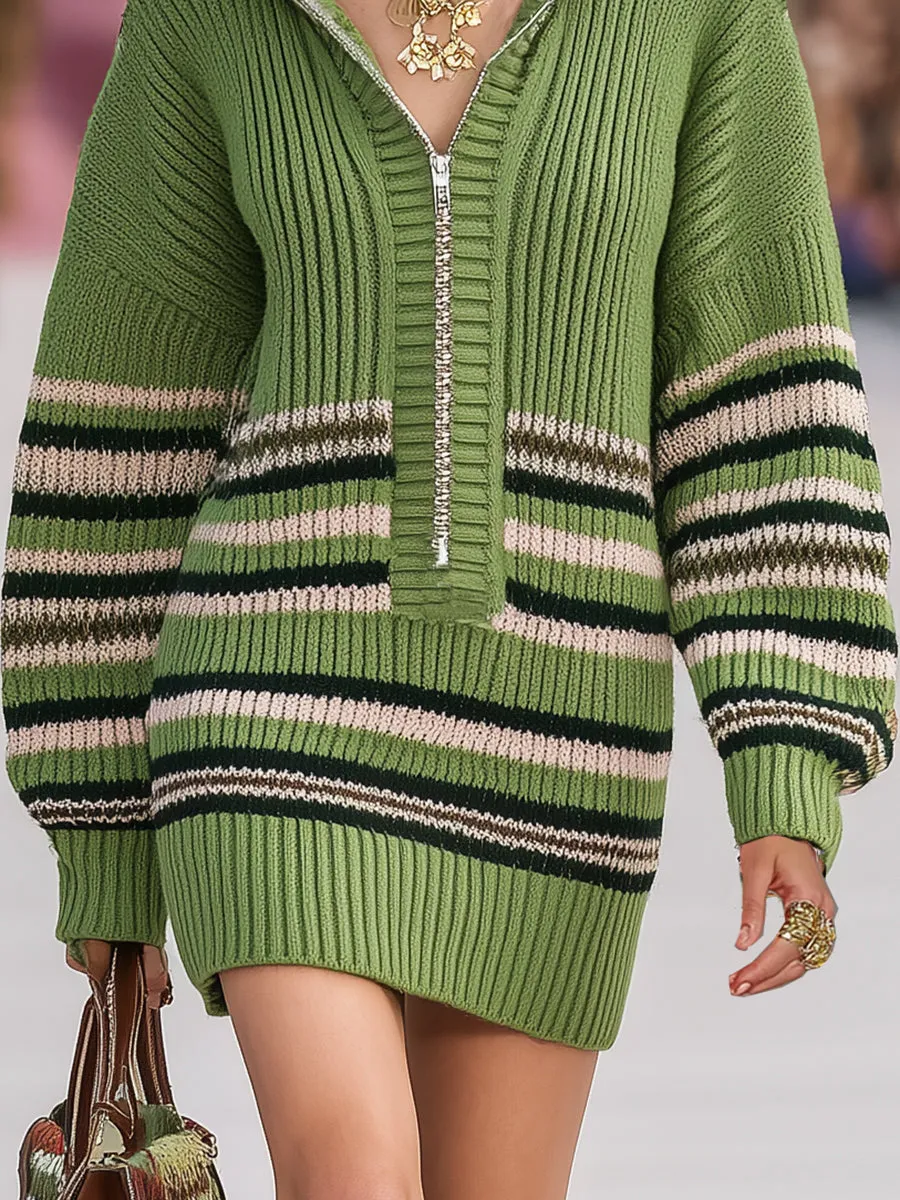 Retro Casual Zipper Black Beige Striped Green Loose Knitted Mini Dress sold by Oyrosy product image thumbnail 4