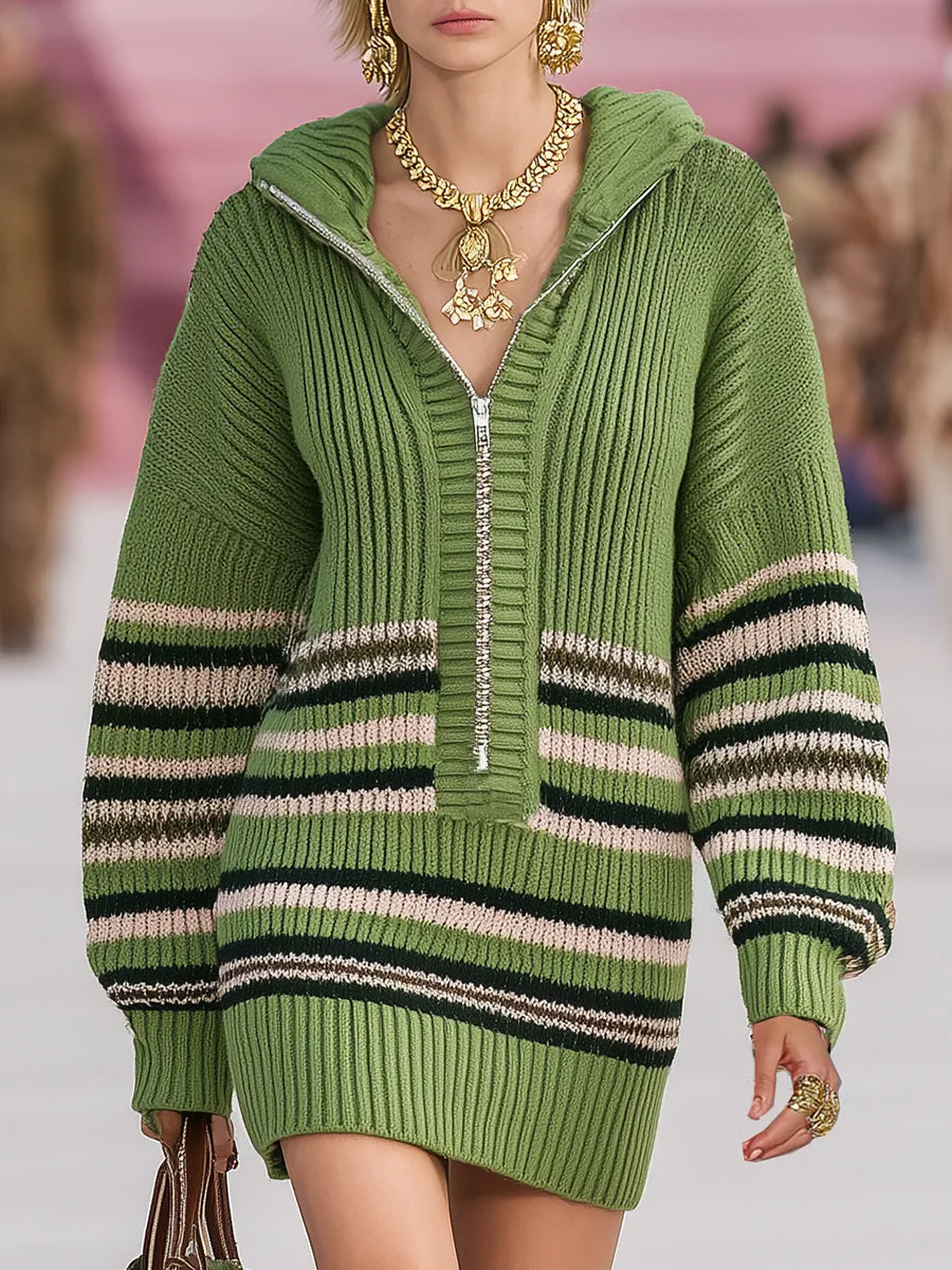 Retro Casual Zipper Black Beige Striped Green Loose Knitted Mini Dress sold by Oyrosy