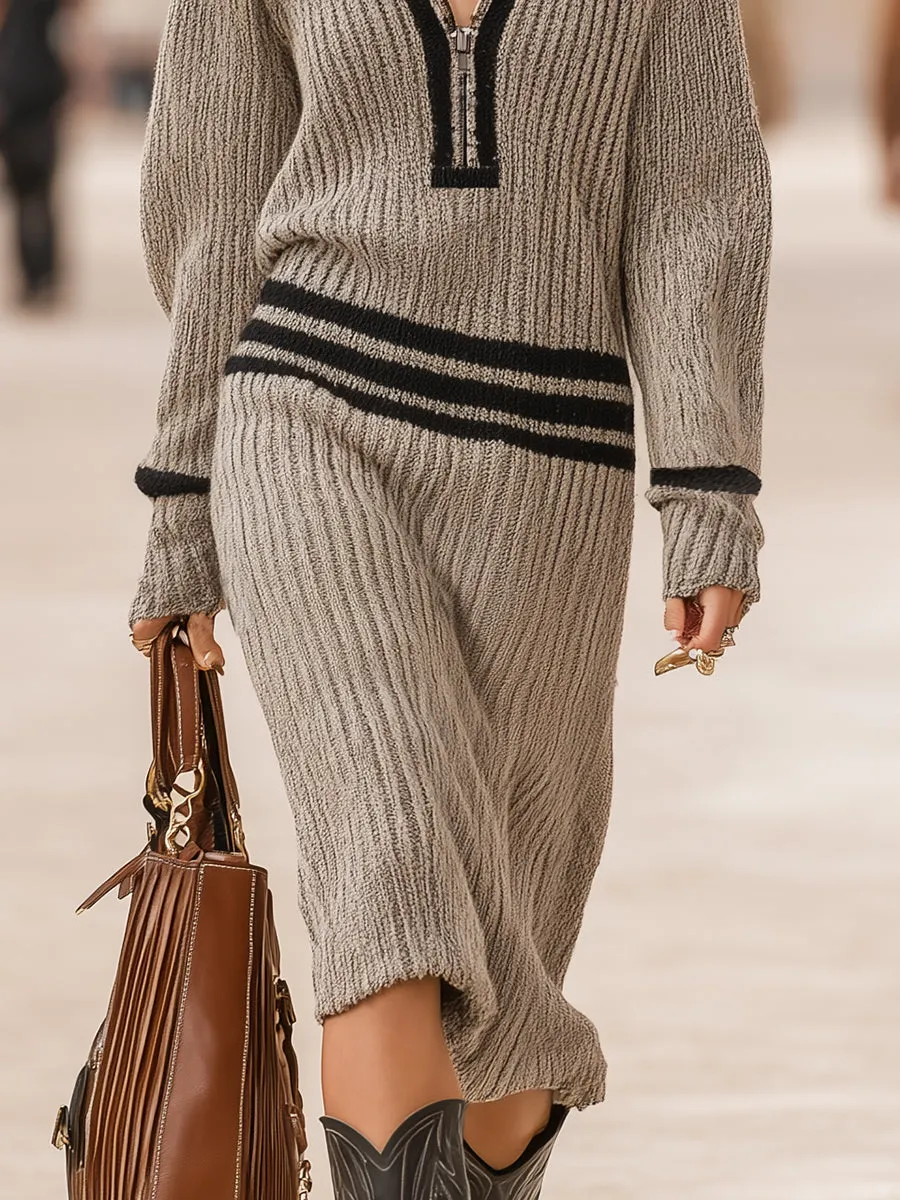 Retro Lapel Half Zipper Black Striped Gray Knitted Midi Dress sold by Oyrosy product image thumbnail 4