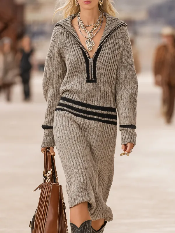 Retro Lapel Half Zipper Black Striped Gray Knitted Midi Dress sold by Oyrosy