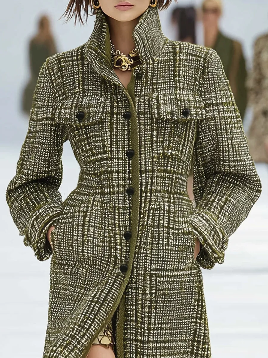 Retro Cool Stand Collar Olive Green Plaid Tweed Coat sold by Oyrosy product image thumbnail 3